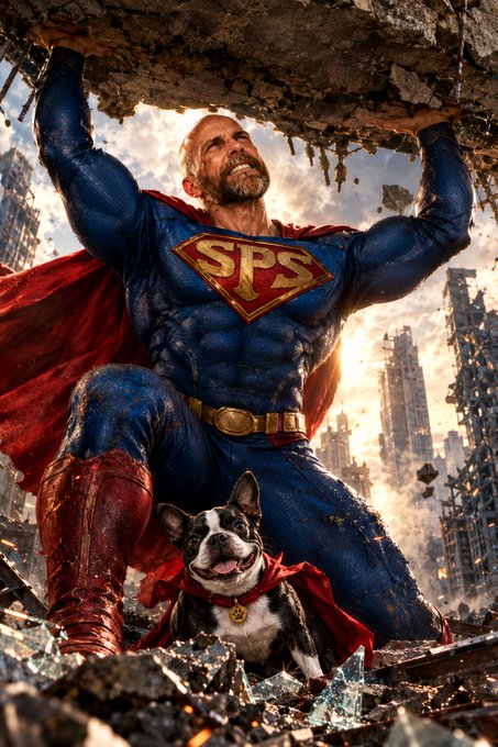 A digitally altered superhero image shows a muscular man in a blue suit with an "SPS" logo on the chest lifting a slab of concrete, accompanied by a small dog wearing a matching red cape.