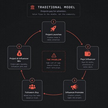 A dark-themed infographic titled "TRADITIONAL MODEL" showing a 5-step cycle of project launches, influencer promotions, and follower purchases, highlighting "THE PROBLEM" of low value.