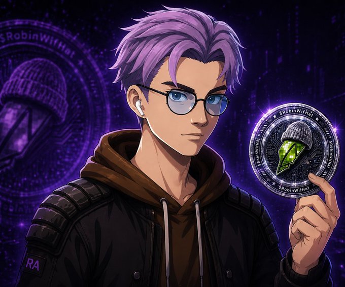 An anime-style illustration of a young man with purple hair, glasses, and white earbuds, wearing a dark hoodie with an 'RA' patch, holding up a coin featuring a green gem and a beanie logo with 'SrobinWifHat' text against a purple starry background.