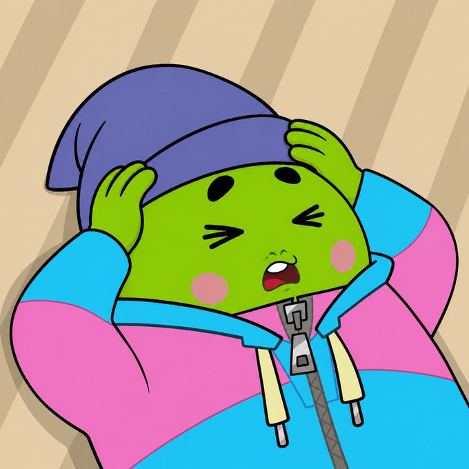 A cartoon green character wearing a purple hat and blue jacket holds its head with a distressed expression against a striped tan background.