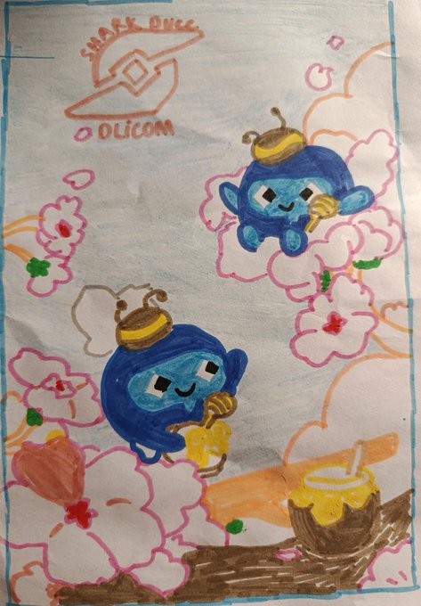 A colorful child's drawing featuring two blue bee-like characters with bee hats surrounded by pink and white flowers, with "SHARK DICE" and "OOLICOM" text in the top left corner along with a logo.