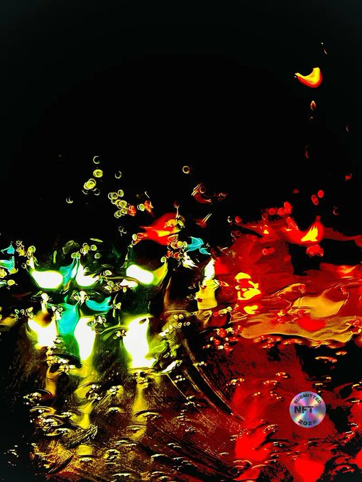 A vibrant abstract image shows swirling red, yellow, and green colors with a circular "MyHbarNFTs.com NFT 2023" logo in the lower right.