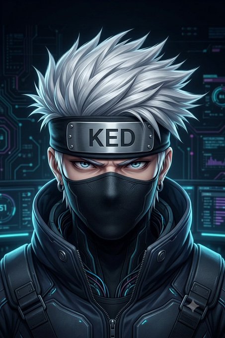 A digital illustration of a spiky silver-haired anime character wearing a black mask and a headband that reads "KED", set against a futuristic tech background.