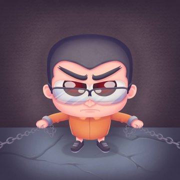 A 3D rendered cartoon character wearing glasses and an orange prison jumpsuit, breaking free from chains on its wrists.