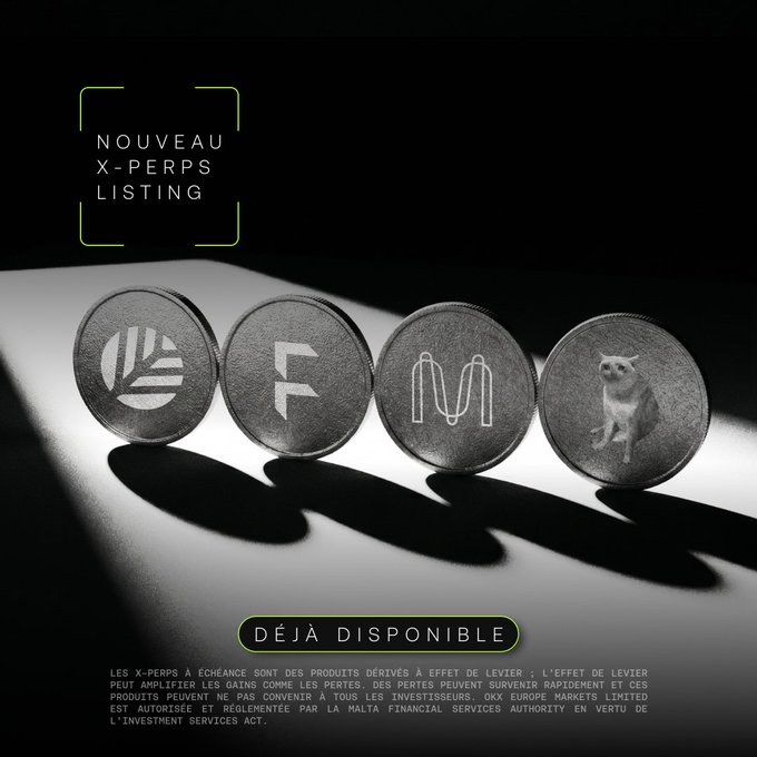 OKX cryptocurrency exchange advertisement for new X-Perps listing featuring physical coins engraved with logos for LA, F (likely FF/FTX-style), M (likely MEW/MEGA), and a dog (likely DOGE).