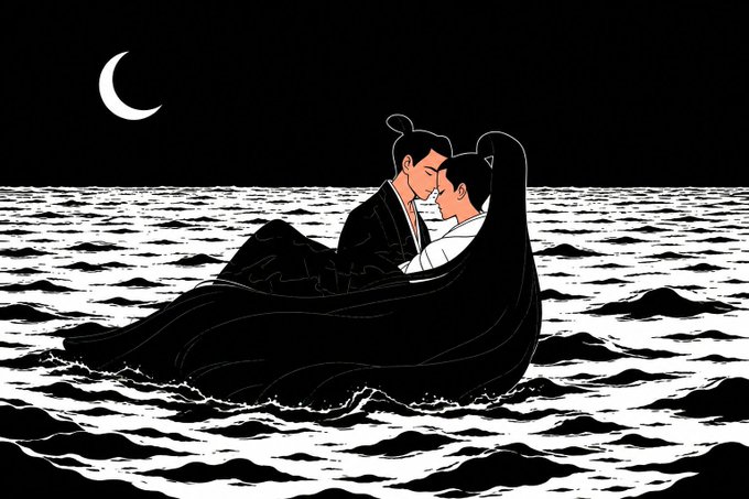 A black and white illustration shows a couple in traditional clothing embracing while floating on dark ocean waves under a crescent moon.