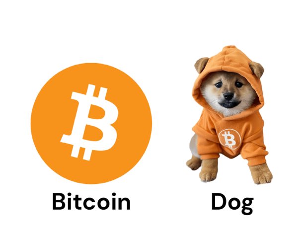 A comparison graphic showing the Bitcoin (₿) logo next to a puppy labeled "Dog," referencing the Dogecoin meme.