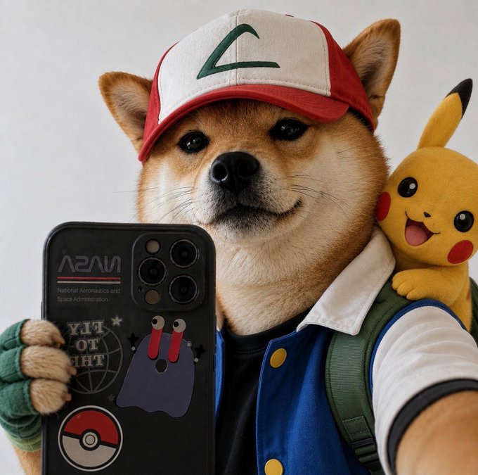 An AI-generated image of a Shiba Inu dog wearing an Ash Ketchum-style cap and blue vest, holding a phone with stickers, with a Pikachu plushie on its shoulder.