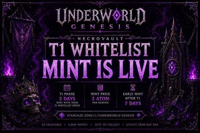 A purple promotional graphic for 'UNDERWORLD GENESIS NECROVAULT' announcing 'T1 WHITELIST MINT IS LIVE' with details including a 3-day T1 phase, 3 ATOM mint price, and 7-day early mint.
