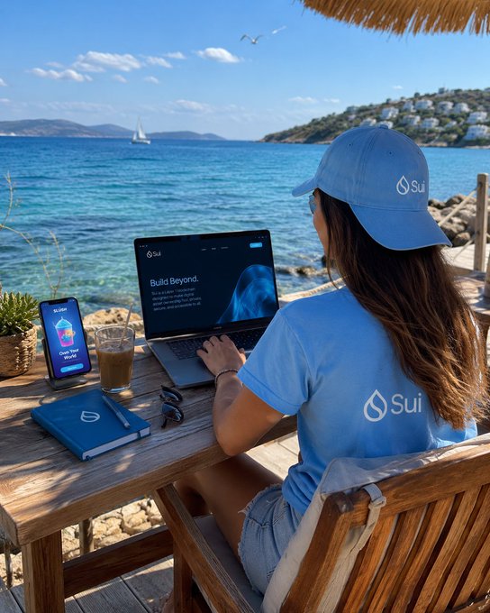 The image shows a woman sitting at an outdoor table with her laptop open in front of her, wearing a blue hat that says "Sui". She appears to be working or browsing the internet while enjoying the view of the ocean. There are also two potted plants on the table and a book nearby. The scene suggests a relaxed atmosphere where she can work or enjoy some leisure time by the water.