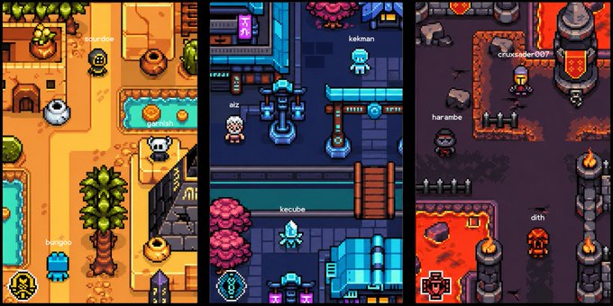 Three different pixel-art game scenes showing various characters in colorful dungeon/adventure environments with usernames like 'oakman', 'kekman', 'cruxsader007', 'haranbe', 'alc', 'kecube', and 'dith'