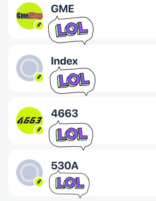 A list interface showing four items (GME, Index, 4663, 530A) each with a speech bubble containing the text 'LOL' in purple and green letters, suggesting trading or wallet token listings.