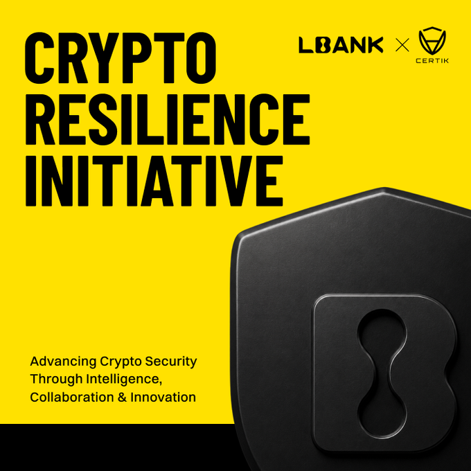 A bold yellow promotional graphic for the "Crypto Resilience Initiative," featuring the LBank and Certik logos alongside the tagline "Advancing Crypto Security Through Intelligence, Collaboration & Innovation," paired with a stylized black shield bearing a keyhole emblem—visually reinforcing the post's message about LBank's ongoing commitment to strengthening its security posture and building a more resilient Web3 ecosystem.
