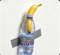A banana taped to a plastic Evian water bottle with duct tape, resembling an art installation.