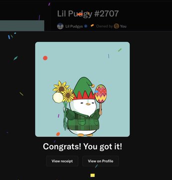 The image shows a screenshot of a computer screen with various elements, including text from a post about Lil Pudgy celebrating their 2,000th purchase or rarity. The post also includes information about their account, a gif of Lil Pudgy dressed as a bird, and a quote that reads "Today was a great day" and "And I picked up another Lil Pudgeys Around #1000 rarity How many Pudgies do you have?". There is no text surrounding the image. The focus of the screenshot should be on the post about Lil Pudgey celebrating their purchase or rarity, including the gif, the quote, and any relevant details.