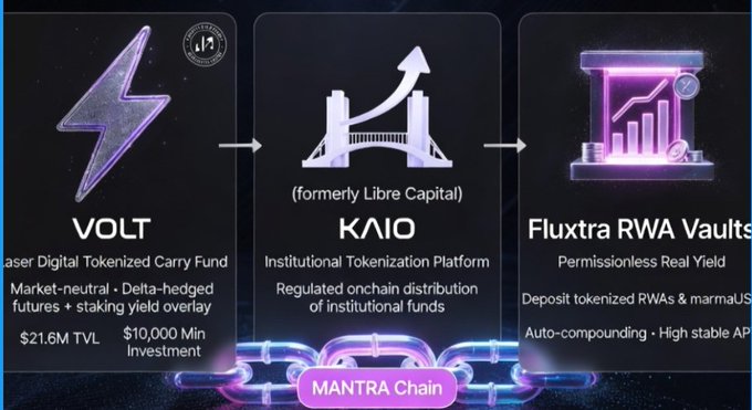 The image shows a poster for MANTRA Chain that features three different types of assets, including a cryptocurrency symbol, a bridge, and a vault. The poster also includes text about the company's offerings, such as "Volt", "Kaoi", and "Flextra RWA Vaults". The post is titled "MANTRA positions itself as the 
ledger of record" for regulated assets, with validators like Securitize, Google Cloud, Binance, etc., adding institutional credibility and security.