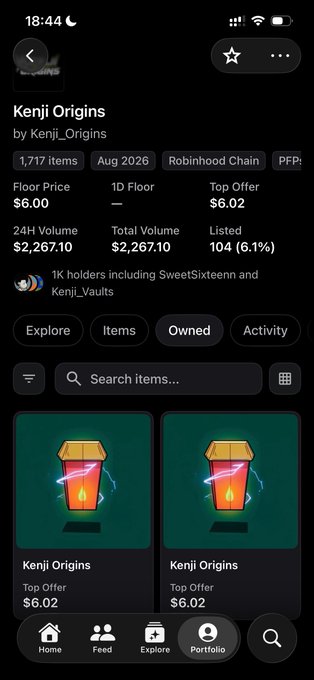 A mobile app screenshot displaying a NFT collection called 'Kenji Origins' on the Robinhood Chain, showing floor price at $6.00, top offer at $6.02, with 1,717 items and a 24H volume of $2,267.10.