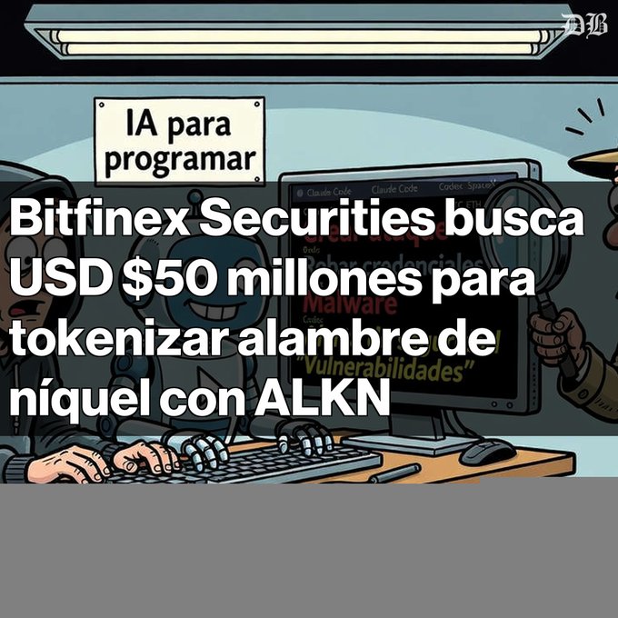 A meme-style image with cartoon characters at computers overlaid with Spanish text: 'Bitfinex Securities busca USD $50 millones para tokenizar alambre de níquel con ALKN', with a sign behind reading 'IA para programar'.