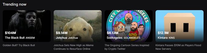 The image shows the "Trending now" section of Pump.fun featuring four meme tokens: The Black Bull ANSEM ($104M), Jiocthua Jotshua ($9.14M), SolAngeles SOLANGELES ($6.13M), and Kintara KNS ($12.1M), with headlines highlighting token milestones, a cartoon series, and surging player counts.

The "nightmare blunt rotation" comment humorously captures the chaotic, unpredictable mix of trending meme coins—from obscure animal tokens to cartoon-inspired projects—jockeying for attention and liquidity on Pump.fun's leaderboard.