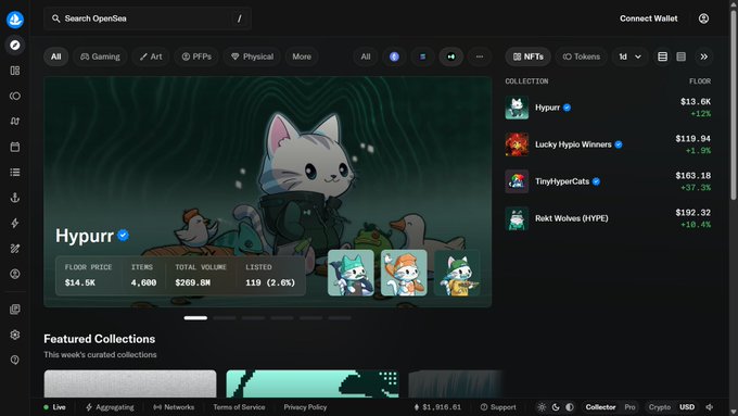 The image shows the OpenSea NFT marketplace homepage featuring the "Hypurr" collection, with a floor price of $14.5K, 4,000 items, $269.8M total volume, and 119 (2.6%) listed, alongside related collections like "Lucky Hypio Winners" at $119.94 and "TinyHyperCats" at $163.18, connecting to the Hyperliquid NFT ecosystem.