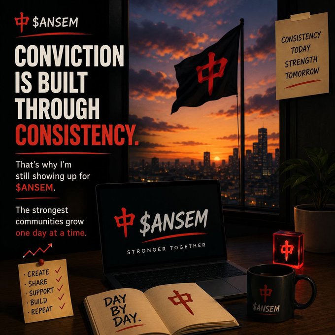 A motivational graphic featuring the '$ANSEM' token logo with the quote 'CONVICTION IS BUILT THROUGH CONSISTENCY,' showing a desk scene with a laptop, a flag against a sunset cityscape, and notes reading 'DAY BY DAY,' 'CREATE, SHARE, SUPPORT, BUILD, REPEAT,' and 'CONSISTENCY TODAY STRENGTH TOMORROW.'