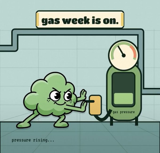 A cartoon illustration of an angry green cloud character pushing a lever on a 'gas pressure' machine, with text 'gas week is on.' and 'pressure rising...'.
