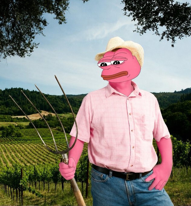 A photoshopped image of a pink Pepe the Frog character dressed as a farmer, wearing a straw hat, pink shirt, and jeans while holding a pitchfork in a vineyard.