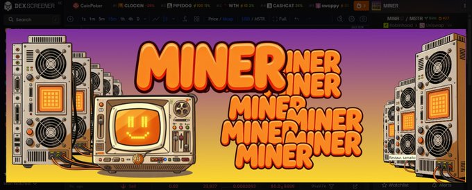 A banner for the 'DEX SCREENER' displayed on a trading platform, featuring retro-style mining rigs with smiling smiley faces on vintage monitors and the word 'MINER' repeated in various sizes.