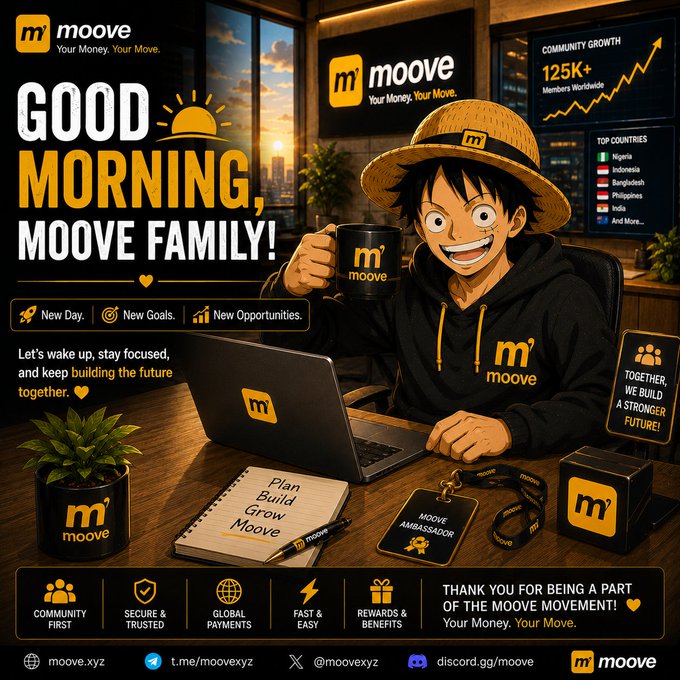 A cheerful anime-style character wearing a "moove" straw hat and hoodie sits at a desk with a coffee mug, laptop, and notebook, surrounded by branding for Moove's "Good Morning, Moove Family" campaign. The image highlights the platform's community growth (125K+ members), top countries including Nigeria, Indonesia, and Bangladesh, and Moove's values of secure payments and global reach.