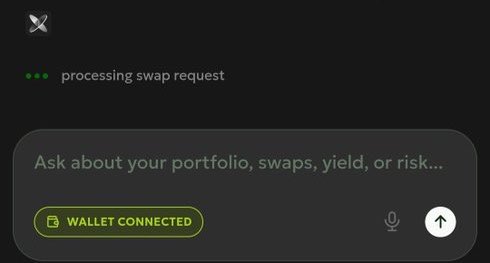 A dark-themed AI chat interface showing 'processing swap request' with a wallet connected indicator and a prompt to 'Ask about your portfolio, swaps, yield, or risk...'