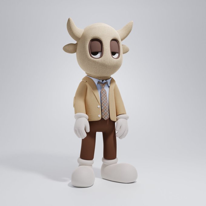 A 3D rendered character with a horned head, large eyes, and a beige sweater over a shirt and tie stands against a plain background.