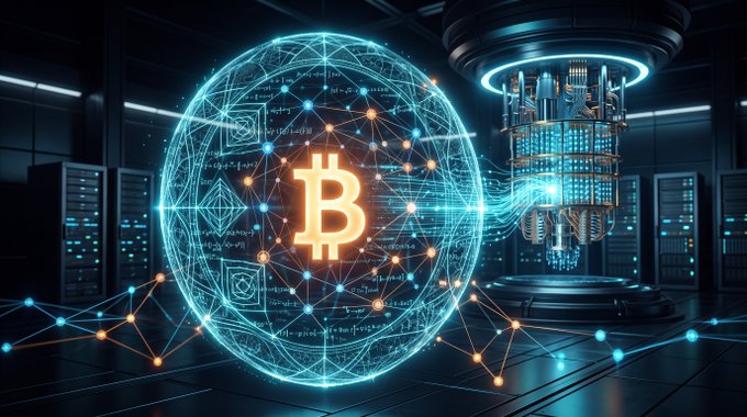 A futuristic digital artwork displays a glowing Bitcoin 'B' symbol surrounded by a network of nodes, with a quantum computing tower in the background.