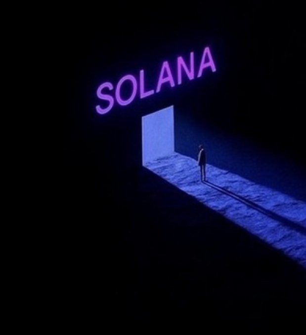 A lone figure stands in a doorway illuminated by a purple neon "SOLANA" sign, casting a long shadow across a dark, minimalist floor — visually capturing the post's invitation to "Enter Solana…" by symbolizing a portal or entry point into the Solana ecosystem.