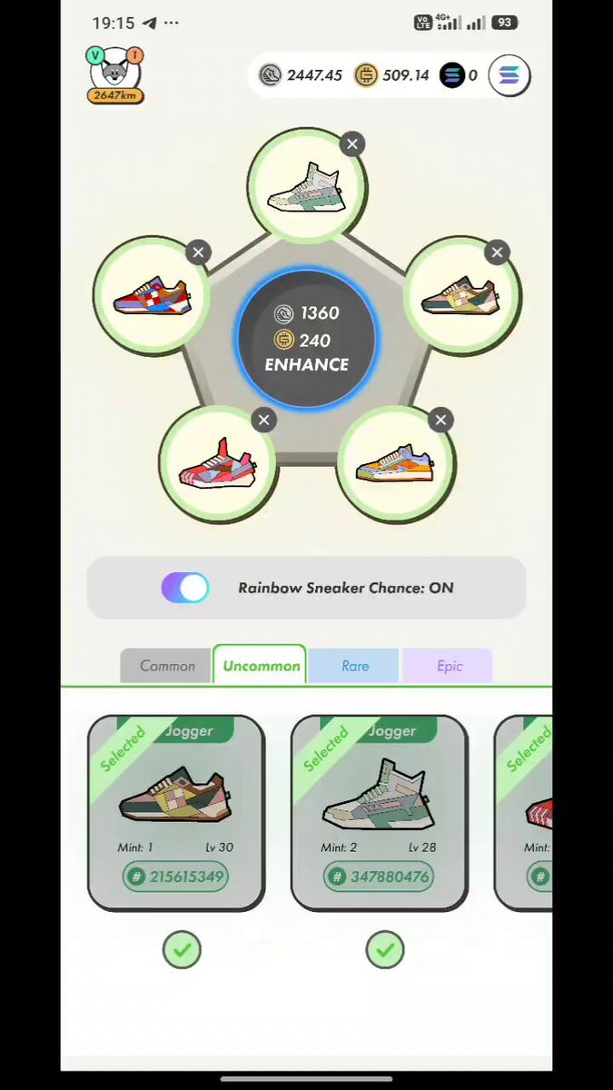 The image shows a phone screen displaying an app called "Rainbow Sneaker Choser" with five different shoe options available for purchase, including jogging shoes. The app also has a feature that allows users to select their preferred shoe style or color from a list of choices. The background of the image is white and black, providing contrast against the colorful shoes displayed on the screen.