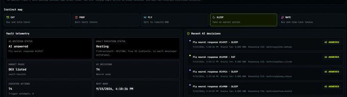 A dark-themed dashboard interface displaying incident management data, including vault telemetry, AI session statuses, and recent AI decisions with file search requests.
