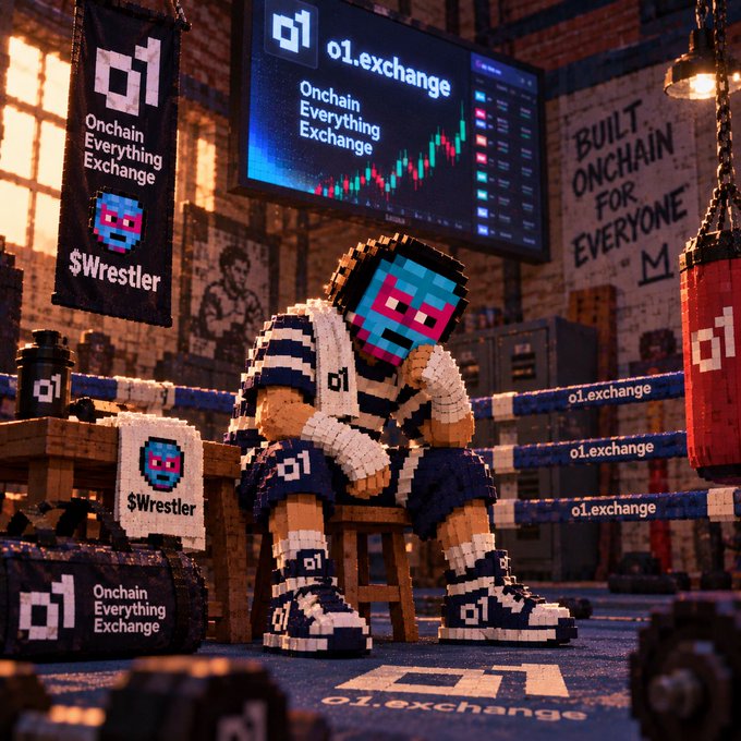 A pixel-art style wrestler figure sitting in a boxing ring surrounded by branding for 'o1.exchange' with the tagline 'Onchain Everything Exchange' displayed on screens and banners.