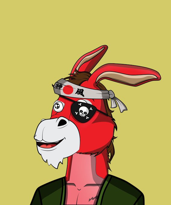 The image features a cartoon donkey wearing a bandana with Japanese writing, goggles, and glasses that give it a pirate-like appearance. The donkey has a big smile on its face as if posing for a photo or video. The background of the image is yellow, which contrasts nicely with the red color of the donkey's fur. There are no other objects in the image besides the cartoon donkey.