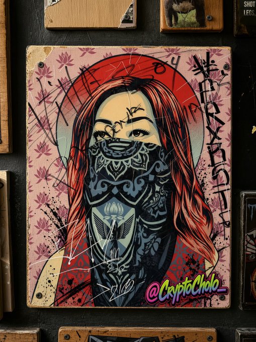 A street art style illustration on a wooden board featuring a red-haired woman with bandana face covering and tattooed arm, credited to '@CryptoChoke_'.