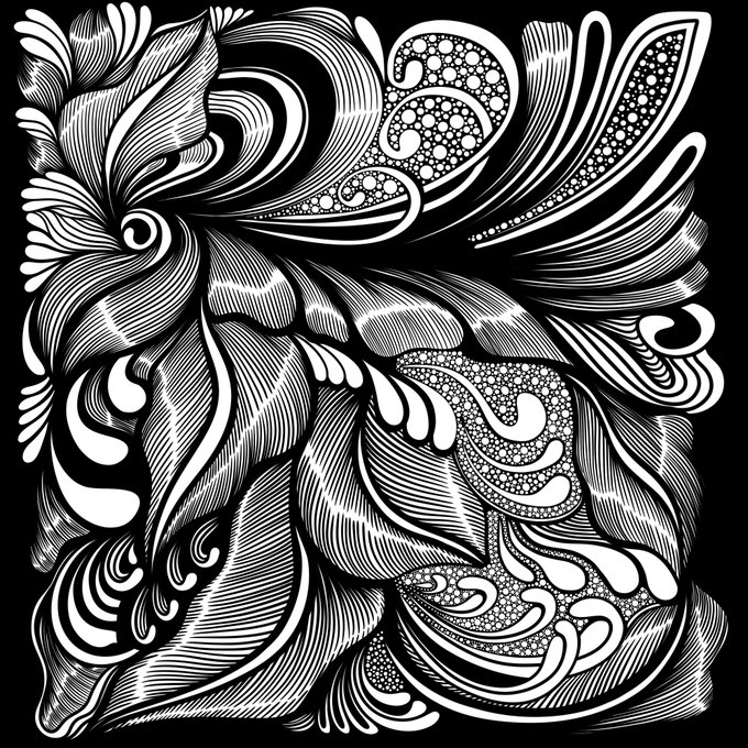 An intricate black-and-white illustration featuring flowing, swirling organic patterns with detailed line work and dot textures, resembling a stylized creature or abstract nature scene. The monochromatic, highly detailed artwork aligns with the post's praise of the artist's beautiful, intricate creations.