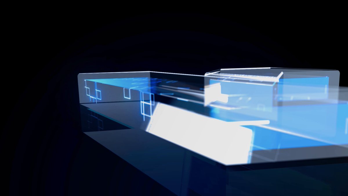 The image shows a 3D rendering of a blue building with white windows that appears to be floating or hovering above water, possibly an ocean scene. The building has a unique design featuring a curved roofline and a large window at its center. The background is black, which contrasts with the blue color of the building and makes it stand out more prominently in the image.
