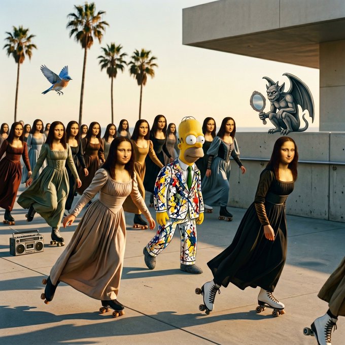 Homer Simpson in a colorful suit roller skates through a crowd of Mona Lisa figures on a boardwalk, with a blue jay flying and a gargoyle holding a mirror watching from above.