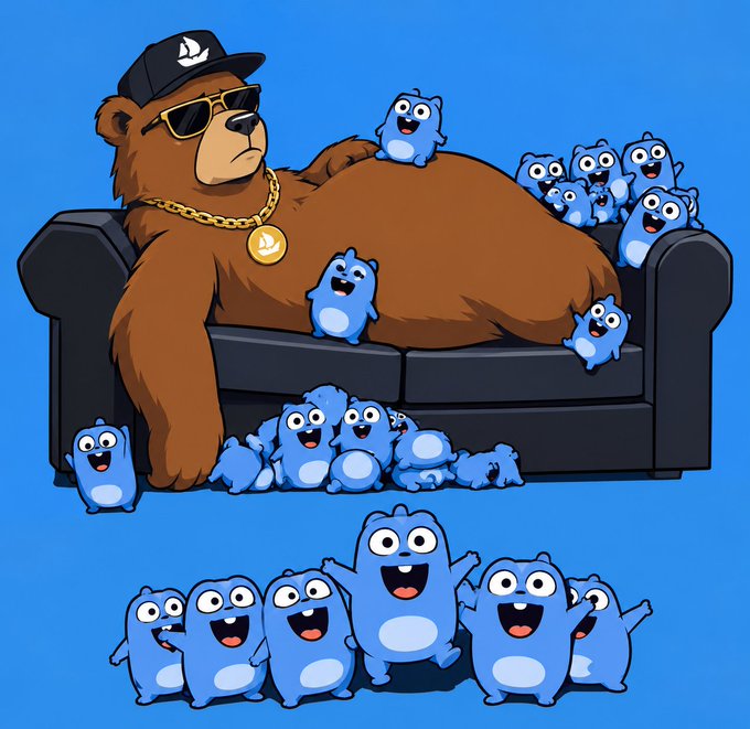 A cartoon image of a cool-looking brown bear wearing a cap, sunglasses, and a gold chain, lounging on a black couch surrounded by numerous small, happy blue creatures.