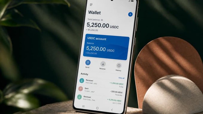 A smartphone displays a digital wallet app showing a balance of 5,250.00 USDC, with transaction history showing received and sent amounts, positioned on a surface next to a decorative object with green plants in the background.