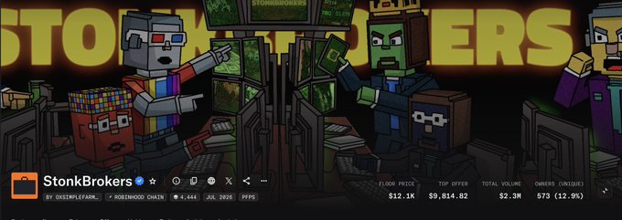 A banner for "StonkBrokers" featuring blocky Minecraft-style characters trading on computers, displaying crypto metrics including Floor Price $12.1K, Top Offer $9,814.82, Total Volume $2.3M, and Owners 573 (12.9%), visually representing the NFT trading platform mentioned in the post about internet JPEGs.