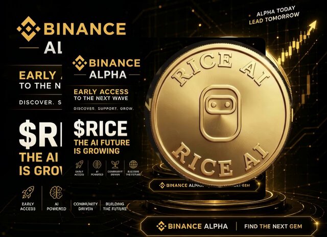 The image features a gold coin labeled "RICE AI" with an illustration of the AI robot logo on top, set against a black background and surrounded by icons symbolizing different aspects related to Bitcoin Alpha. The text around this image highlights that the Bitcoin Alpha project is a unique opportunity for investors to be part of one of the most exciting AI narratives in the world of cryptocurrency. It focuses on the real-world application of Bitcoin AI technology, emphasizing how it can bring significant value and potential market cap growth.