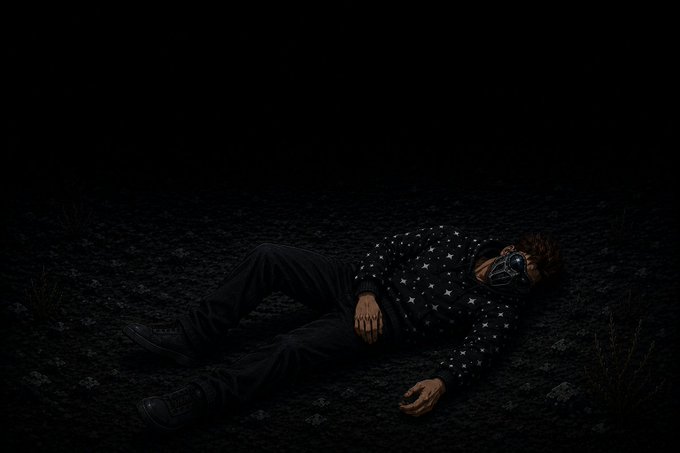 A 3D-rendered figure lies motionless on dark, rocky ground in a black hoodie with white stars, wearing a black mask.