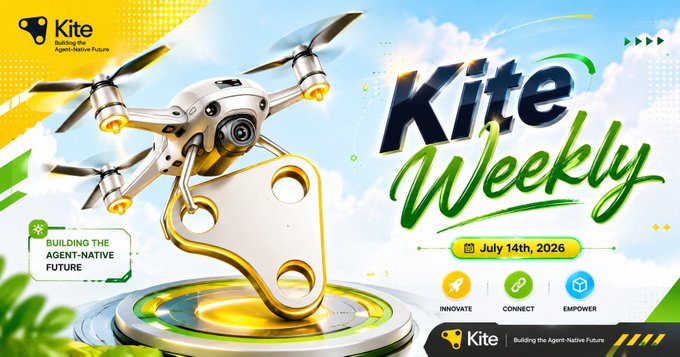 A promotional graphic for 'Kite Weekly' newsletter dated July 14th, 2026, featuring a drone with a key-shaped body and the tagline 'Building the Agent-Native Future'.