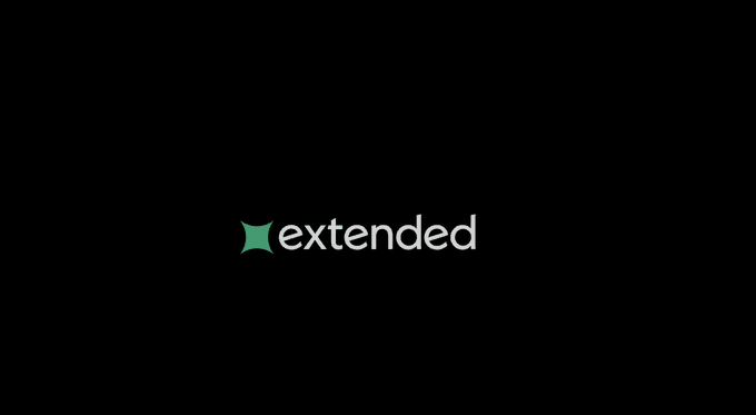 The image shows a black background with the white "extended" logo featuring a small green geometric icon to the left of the text. The caption relates to the post as it appears to be promoting "extended," a perpetual futures (Perps) platform, aligning with the discussion about Perps that generate interest on collateral.