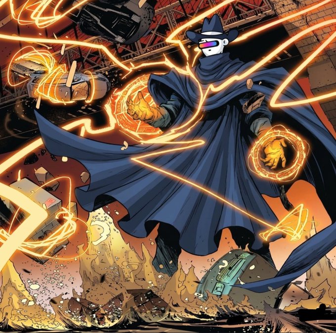 A vibrant comic book-style illustration of a masked figure in a wide-brimmed hat and flowing dark cloak, surrounded by swirling orange magical energy lines and rings, with explosions and a damaged vehicle in the background.