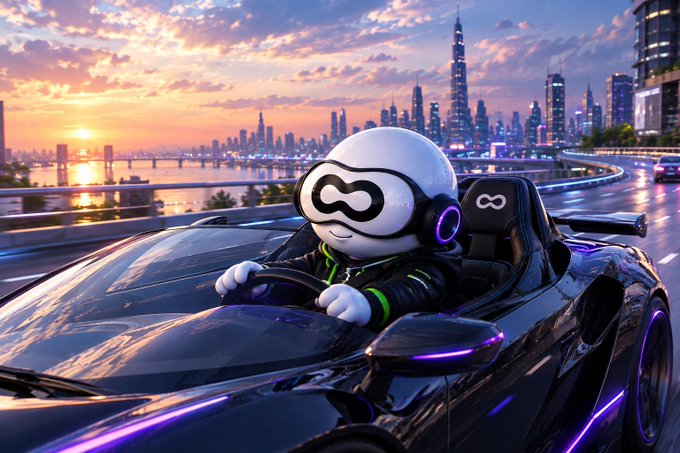 A 3D-rendered character wearing a Meta/infinity logo helmet drives a futuristic black sports car with neon purple accents along a waterfront highway at sunset, with a city skyline in the background.